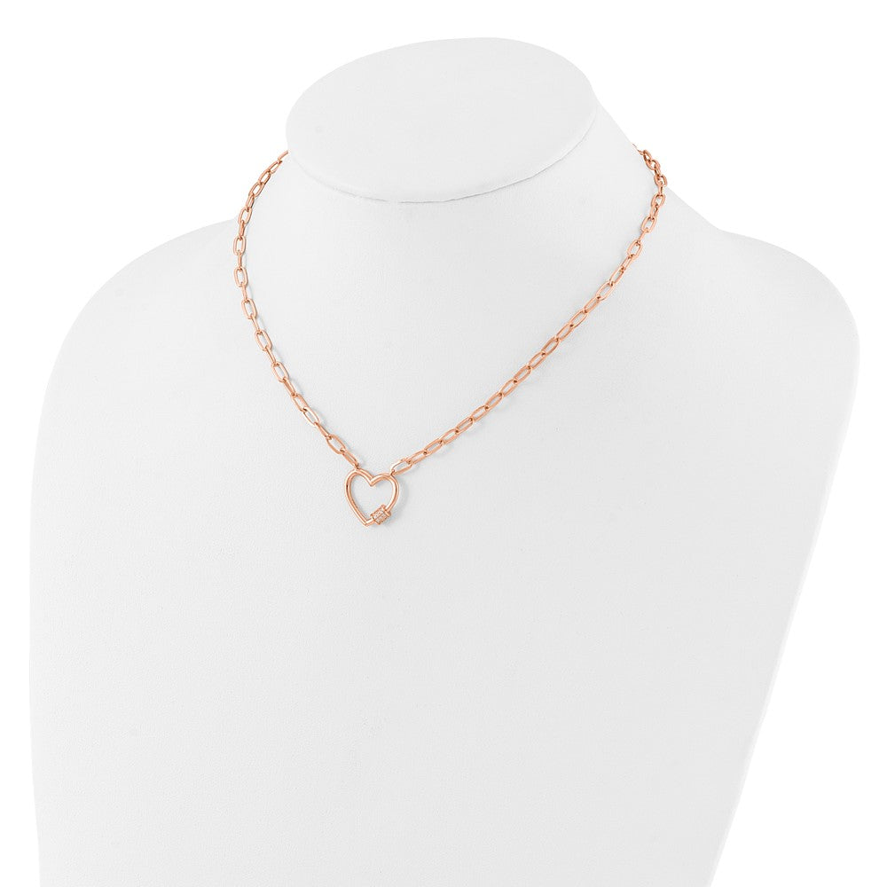 Sterling Silver Rose-tone CZ Heart Paper Clip with 2in ext. Necklace 15.5 Inches
