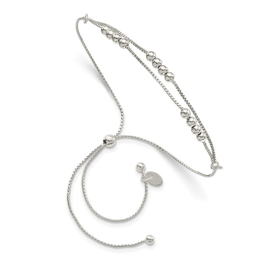 Sterling Silver Polished Beaded 2-Strand Adjustable Bracelet 11 inches