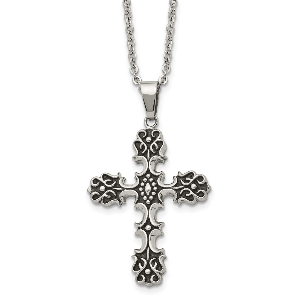 Stainless Steel Antiqued Polished and Textured Cross 22in Necklace