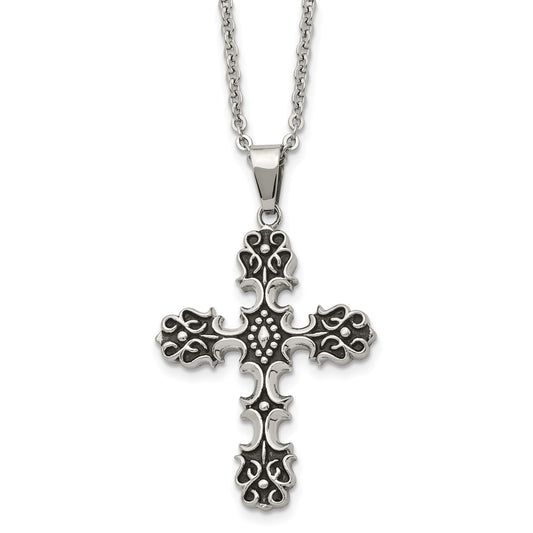 Stainless Steel Antiqued Polished and Textured Cross 22in Necklace