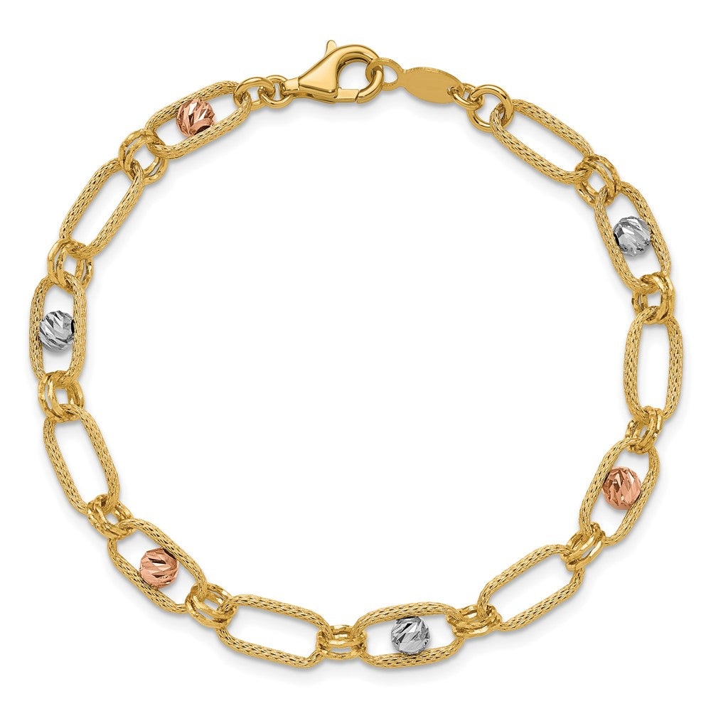 14K Tri-color Polished/Textured/Dia-cut Fancy Link Bracelet 7  inches