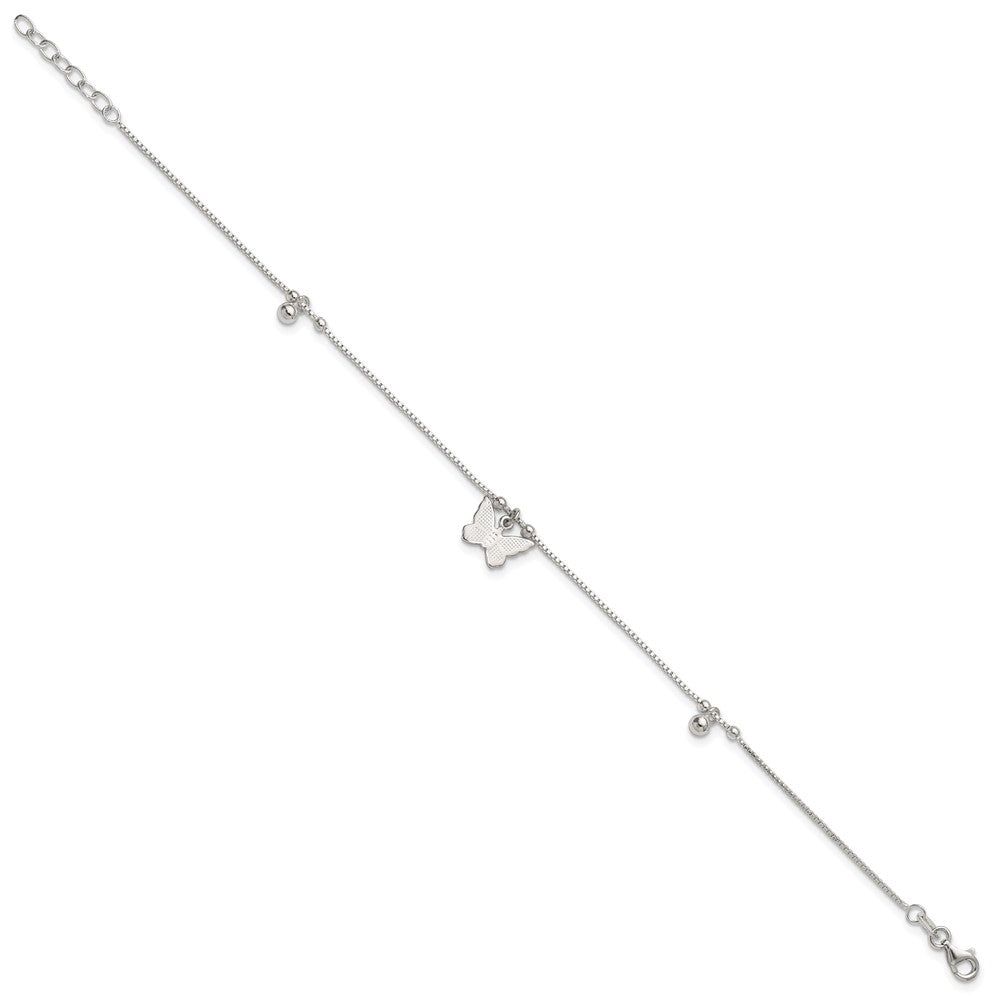 Sterling Silver Polished Textured and Beaded Butterfly 9 inch with 1 inch Extension Anklet