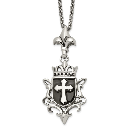 Stainless Steel Antiqued and Enameled Cross 22in Necklace