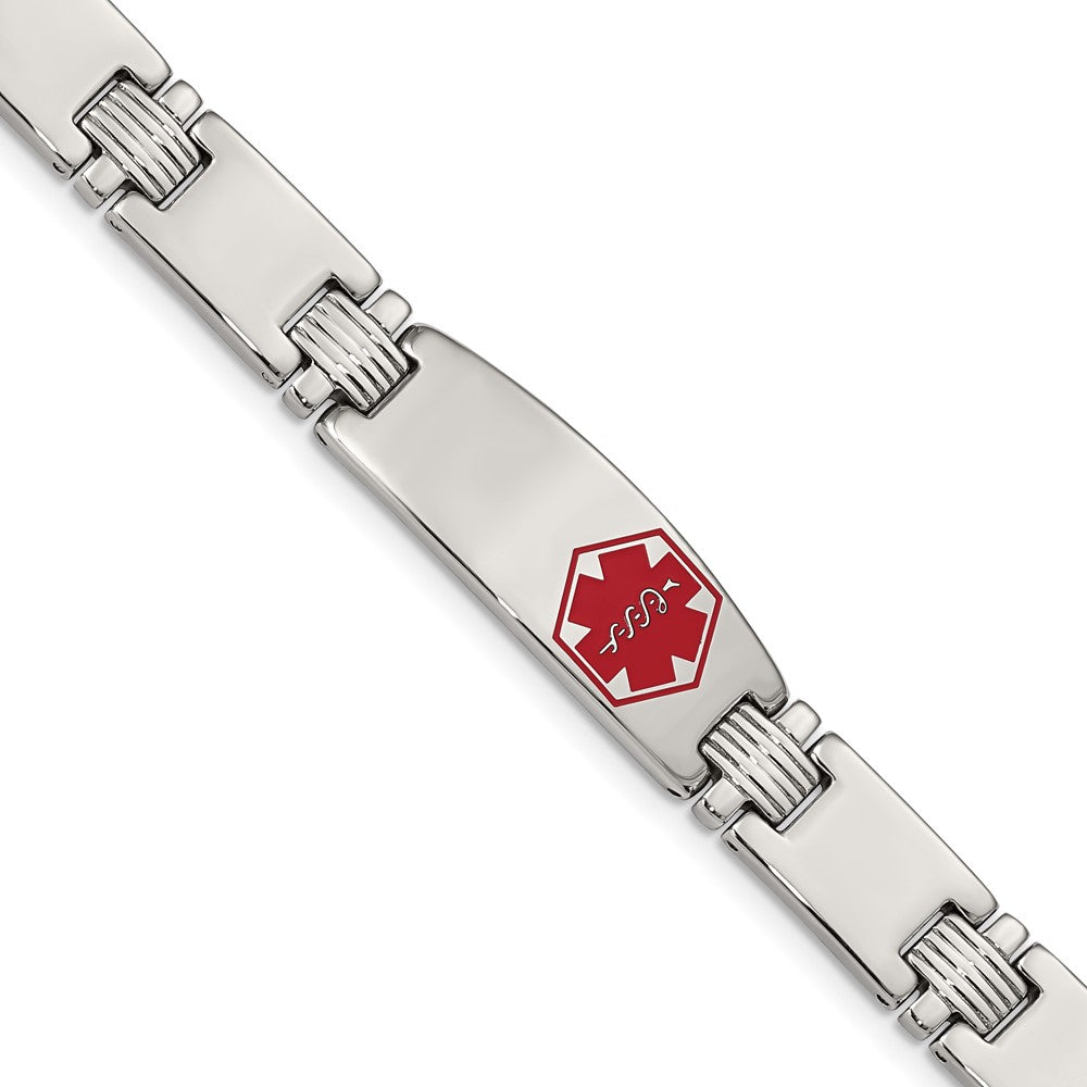 Stainless Steel Polished/Brushed Red Enamel 8.25in Medical ID Bracelet 8.25 inches