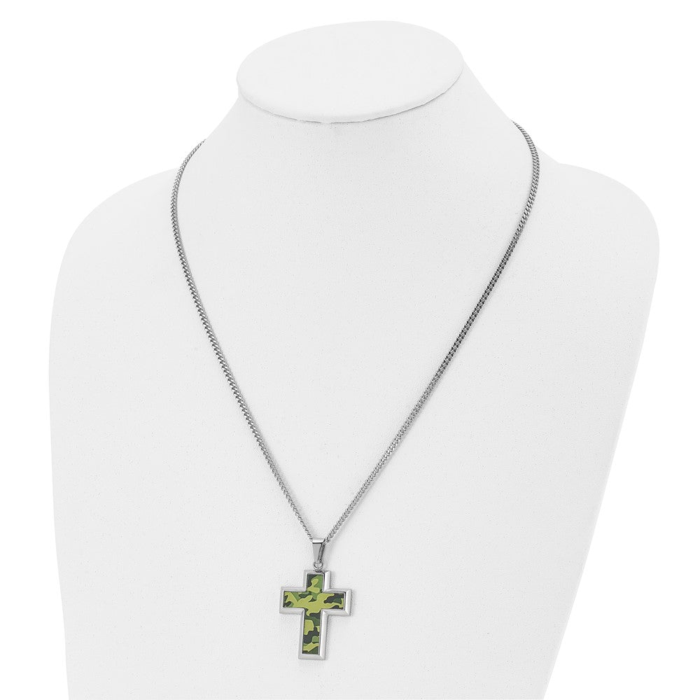 Stainless Steel Polished Printed Green Camo Under Rubber Cross Necklace