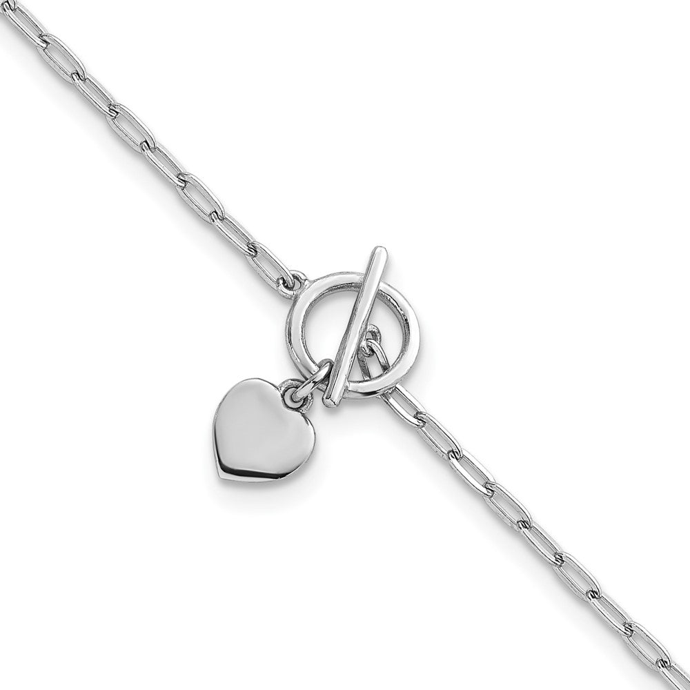 Sterling Silver Rhodium-plated Polished Heart Dangle Paperclip Link 6.5 Inch with 1 Inch Extension Bracelet 7.5 inches