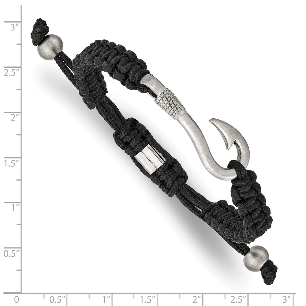 Stainless Steel Brushed Fishing Hook Black Nylon Adjustable Bracelet 9 inches
