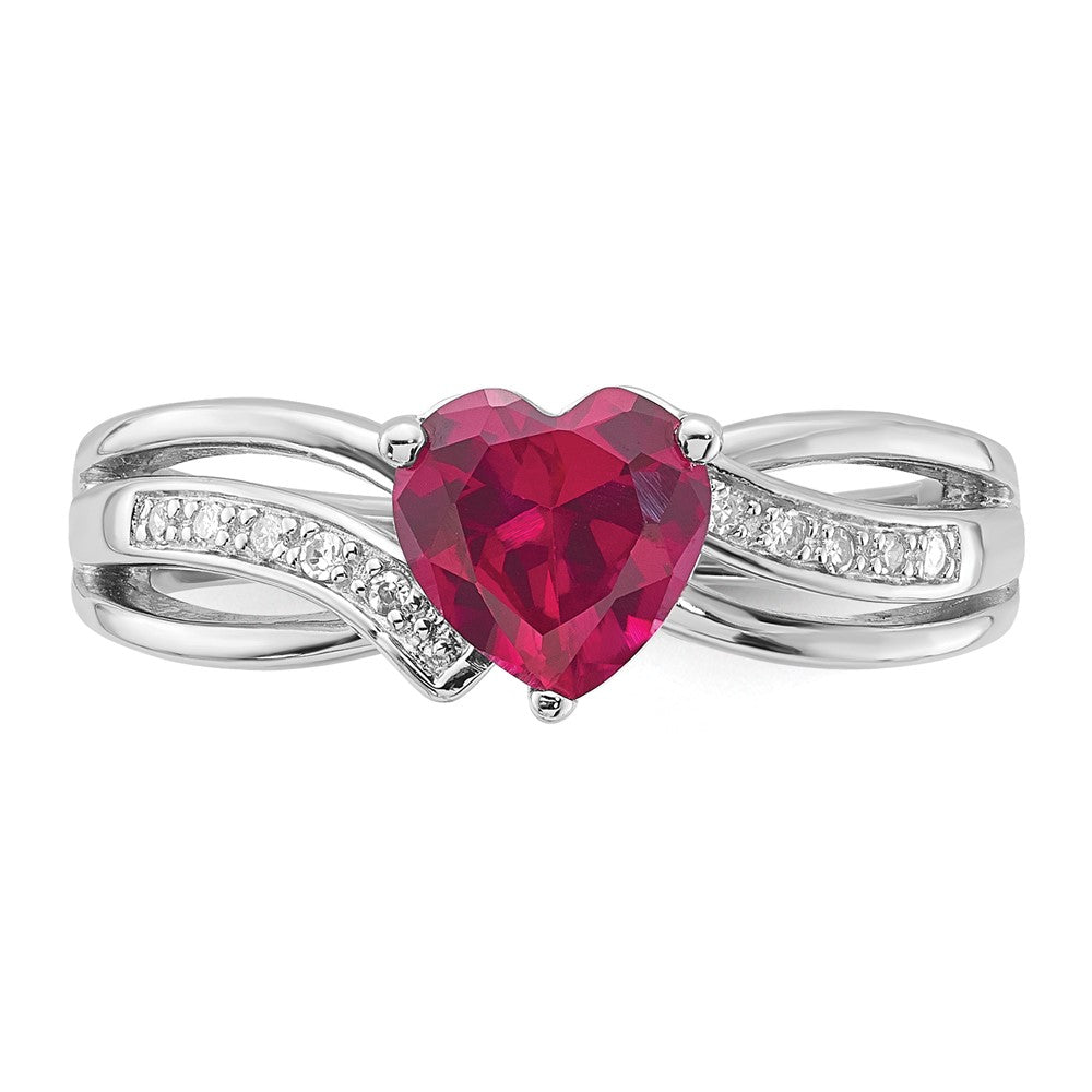 Sterling Silver Polished Diamond and Created Ruby Heart Ring