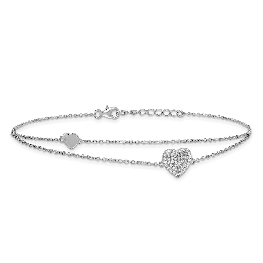 Sterling Silver Rhodium-plated Polished Two-Strand CZ Hearts 9 Inch Plus 1 Inch Extension Anklet