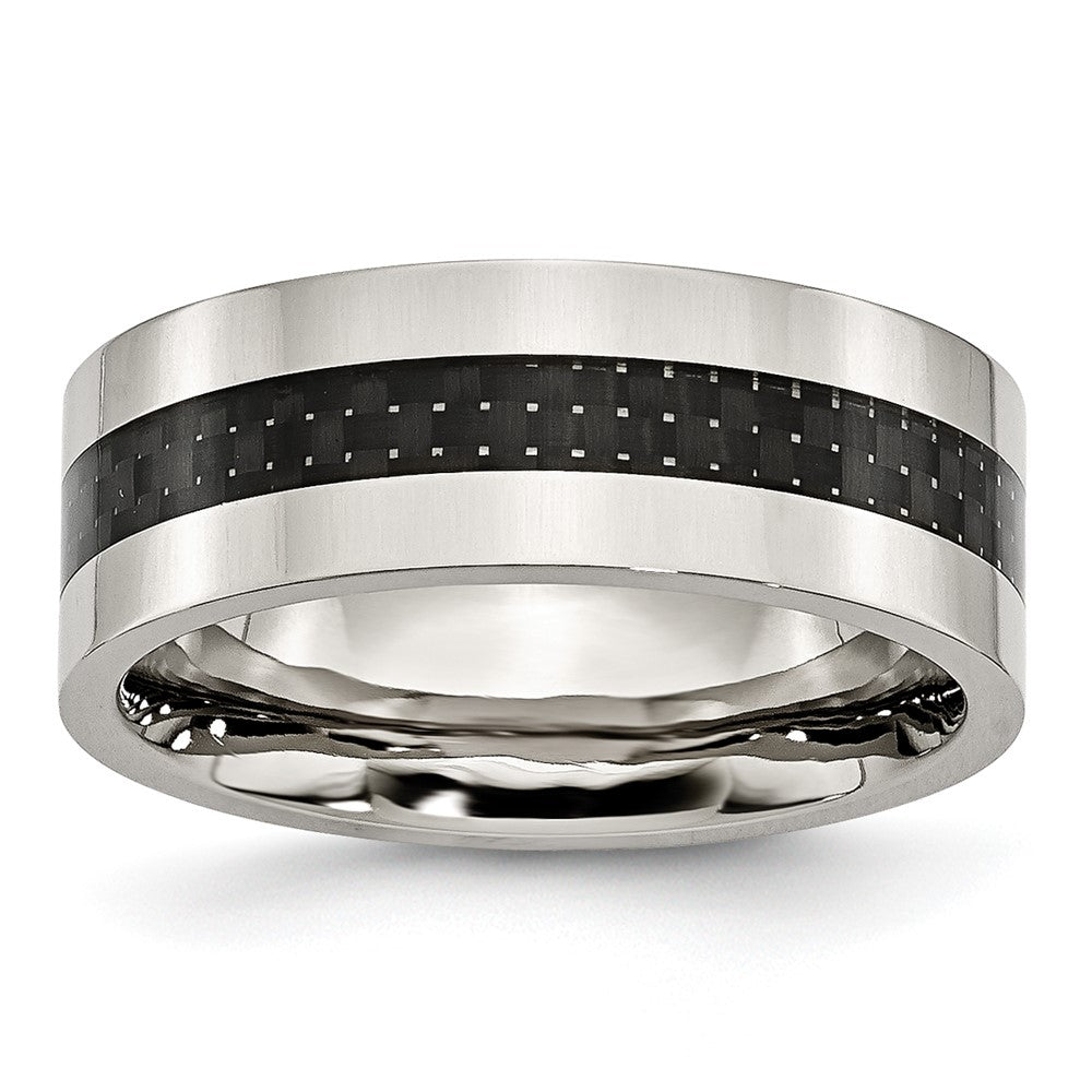 Stainless Steel Polished w/Black Carbon Fiber Inlay 8mm Flat Band Size - 9.5