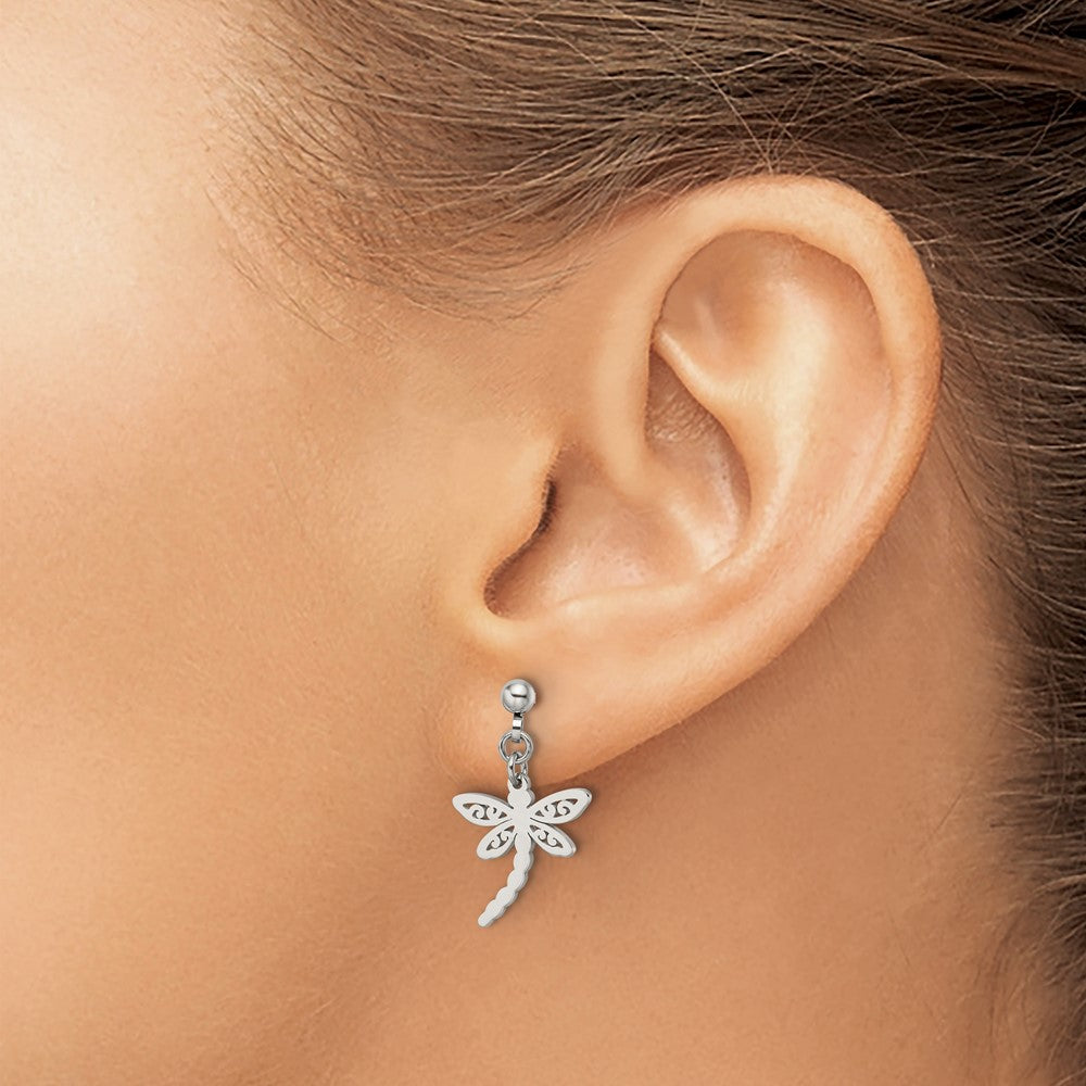 Stainless Steel Polished Dragonfly Post Dangle Earrings