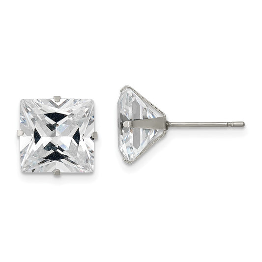 Stainless Steel Polished 10mm Square CZ Stud Post Earrings