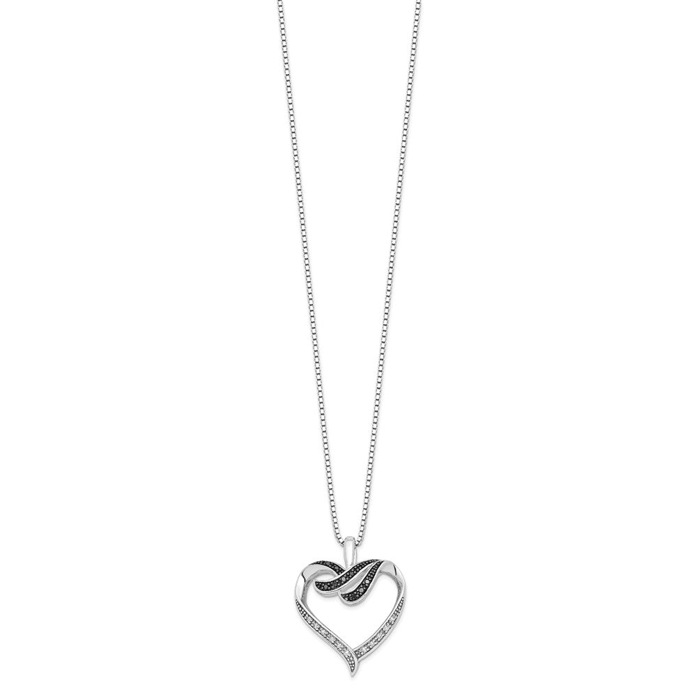 White Night Sterling Silver Rhodium-plated Black and White Diamond Heart 18 Inch Necklace with 2 Inch Extender 18 Inches