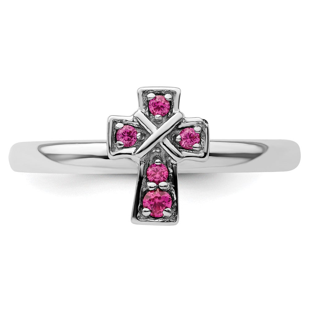 Sterling Silver Stackable Expressions Rhodium Created Ruby Cross Ring Size -5