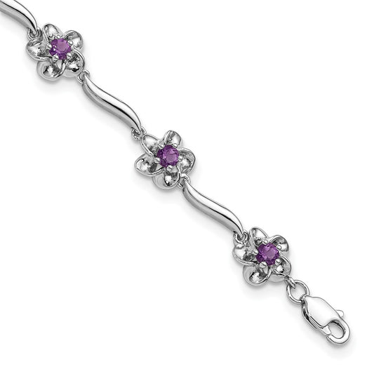 Sterling Silver Rhodium-plated Floral Amethyst Bracelet 7.5 inches