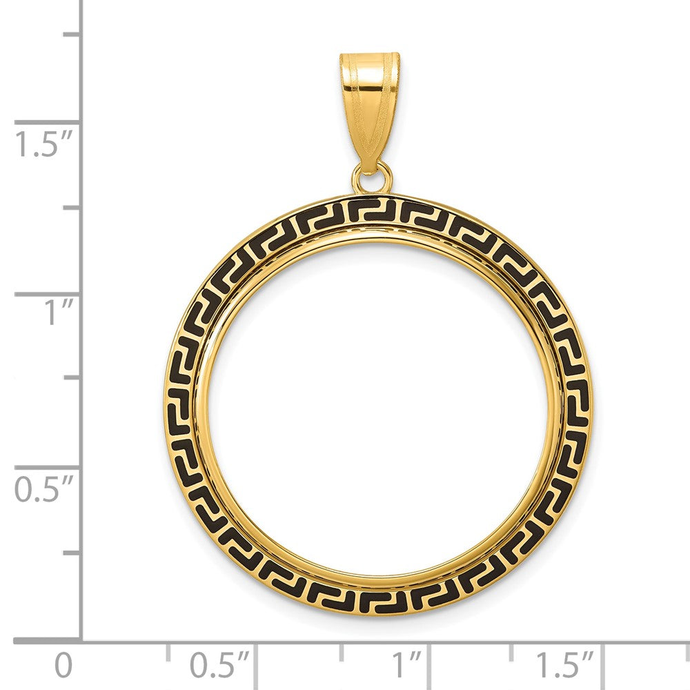 14k Polished and Black Enamel Greek Key with 27.0mm Prong Coin Bezel Pendan