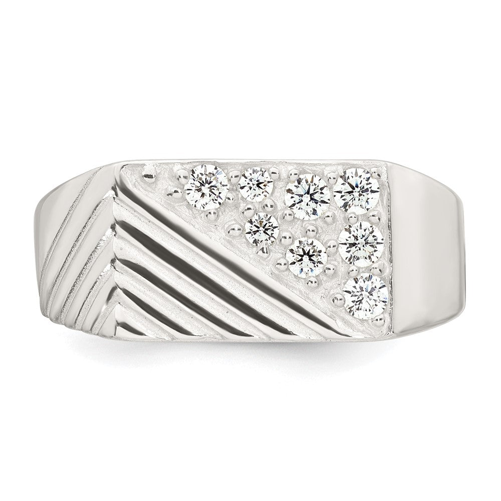 Sterling Silver Polished and Grooved White CZ Size 9 Mens Ring