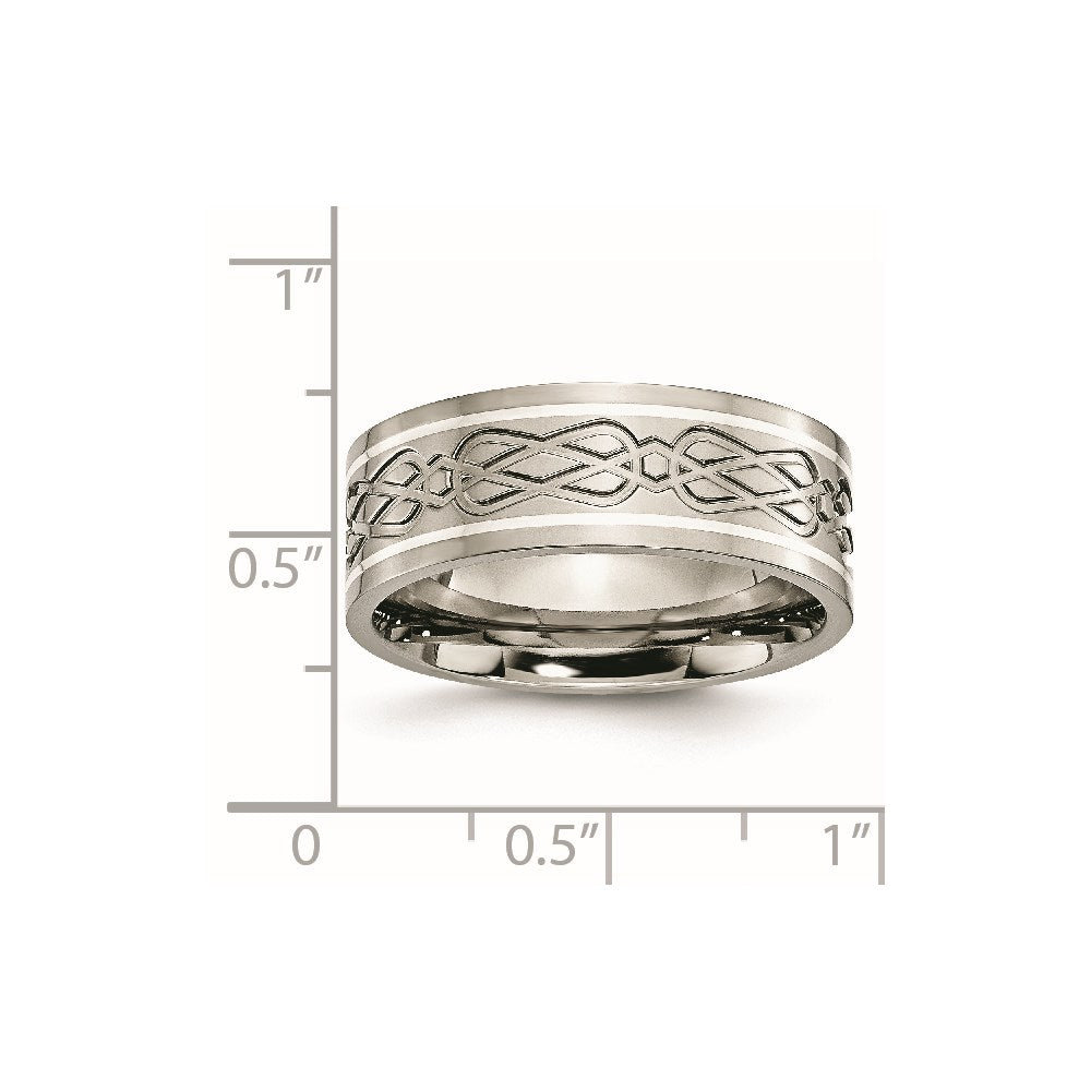 Titanium Polished w/Sterling Silver Inlay Celtic Knot 8mm Flat Band Size - 10.5