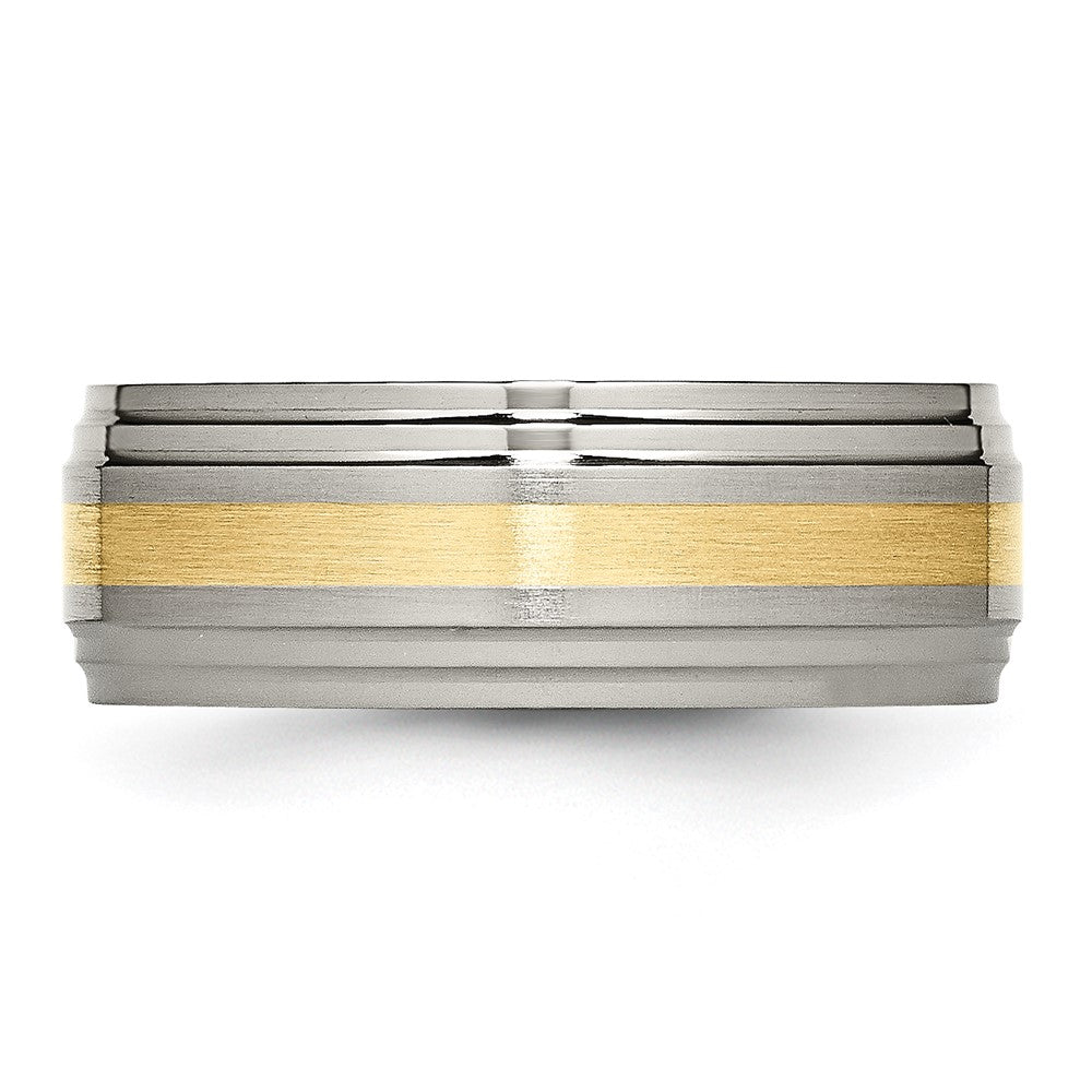 Titanium Brushed Center w/14k Yellow Inlay 8mm Ridged Edge Band Size - 8