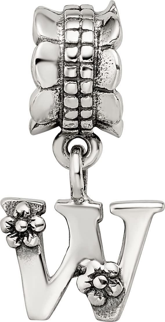 925 Sterling Silver Polished Artisan Oxidized Reflections Letter Name Personalized Monogram Initial W Dangle Bead Charm