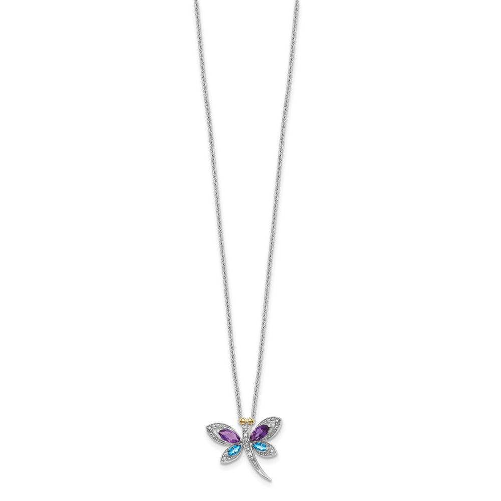 Sterling Silver/14k RH-pltd Amy/Bl Topaz/Dia. Dragonfly 18in w/2 ext Neckla