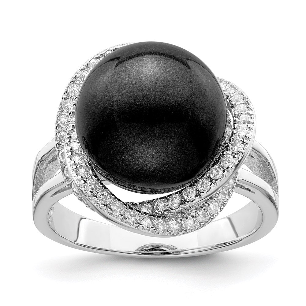 Majestik Sterling Silver Rhodium-plated Size 7 12-13mm Black Imitation Shell Pearl and CZ Ring