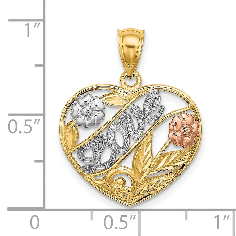 14k Two-Tone w/ White Rhodium Heart w/LOVE and Flowers Charm