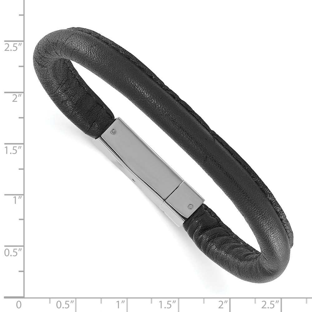 Stainless Steel Polished Black Leather Bracelet Push Plate and Deployme