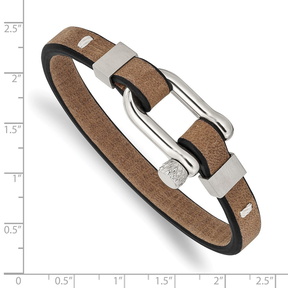 Stainless Steel Brushed and Polished Black/Brown Leather 7.75in Bracelet