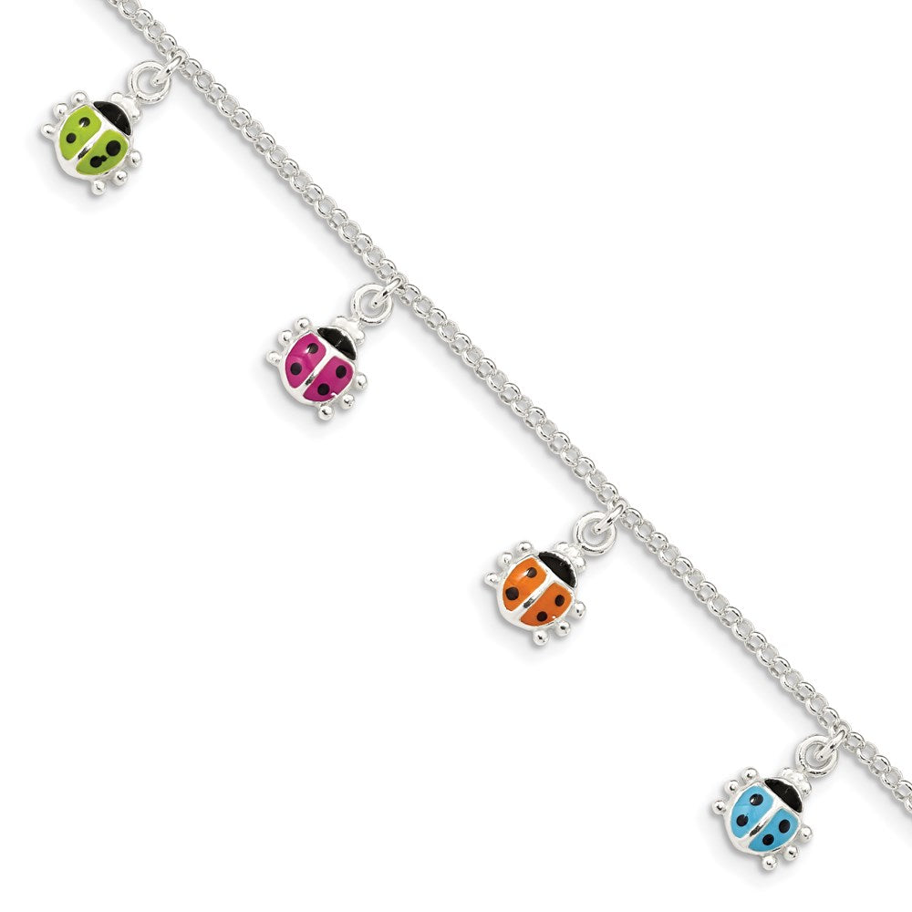 Sterling Silver Polished Multi-color Enameled Ladybugs Children's Bracelet 6 inches