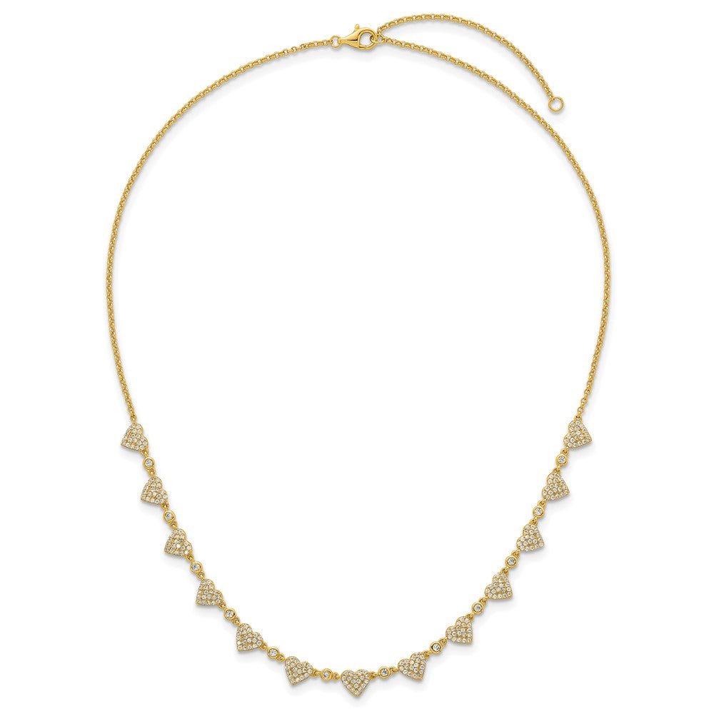 Sterling Silver Gold-tone Polished Pave CZ Hearts 16 Inch with 2 Inch Extension Necklace 16 Inches