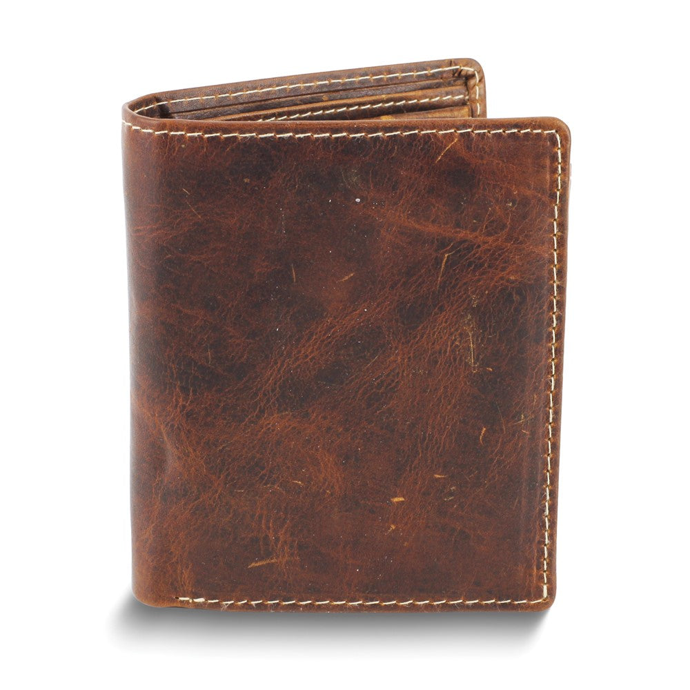 Brown Oiled Leather RFID Blocking Euro Wallet with Center Flap, Zippered Slot, and Snap Coin Pocket