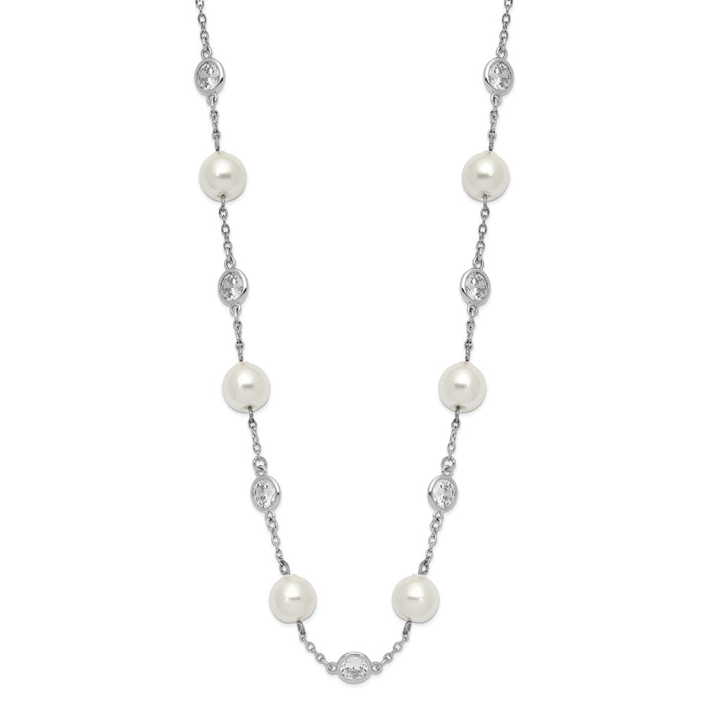 Cheryl M Sterling Silver Rhodium-plated Glass Pearl and Brilliant-cut CZ Bezel Station 18.25 Inch Necklace 18.25 Inches