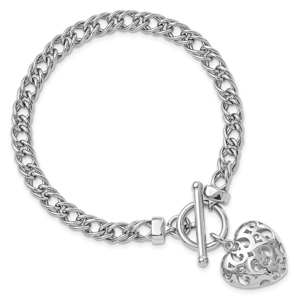 Sterling Silver Rh-plated Polished with Heart Charm Bracelet 7.5  inches