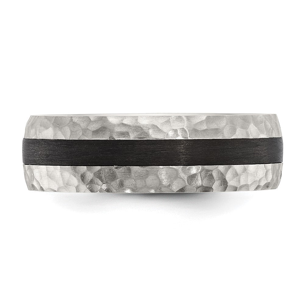 Chisel Stainless Steel Brushed and Hammered Black Carbon Fiber Inlay 7mm Band Size - 10.5
