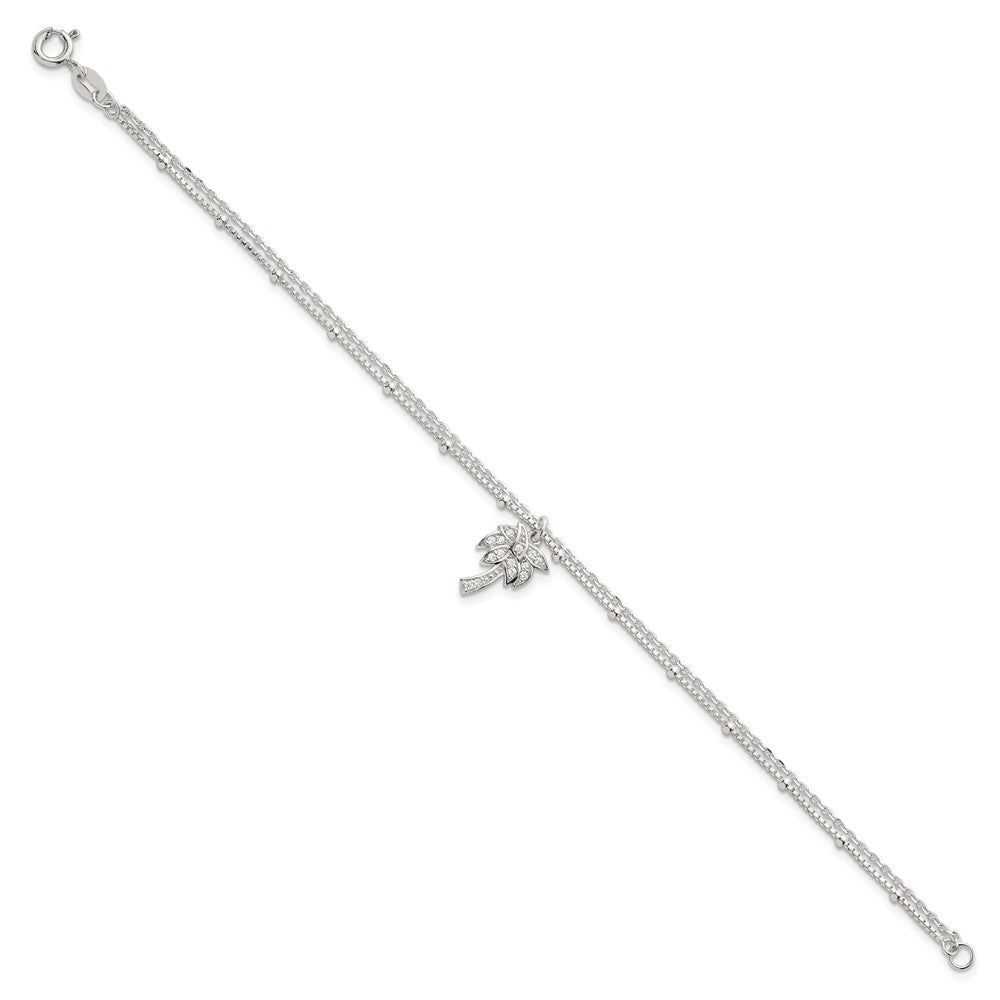Sterling Silver Polished and Beaded White CZ Palm Tree Dangle Double Strand 7.5 inch Bracelet