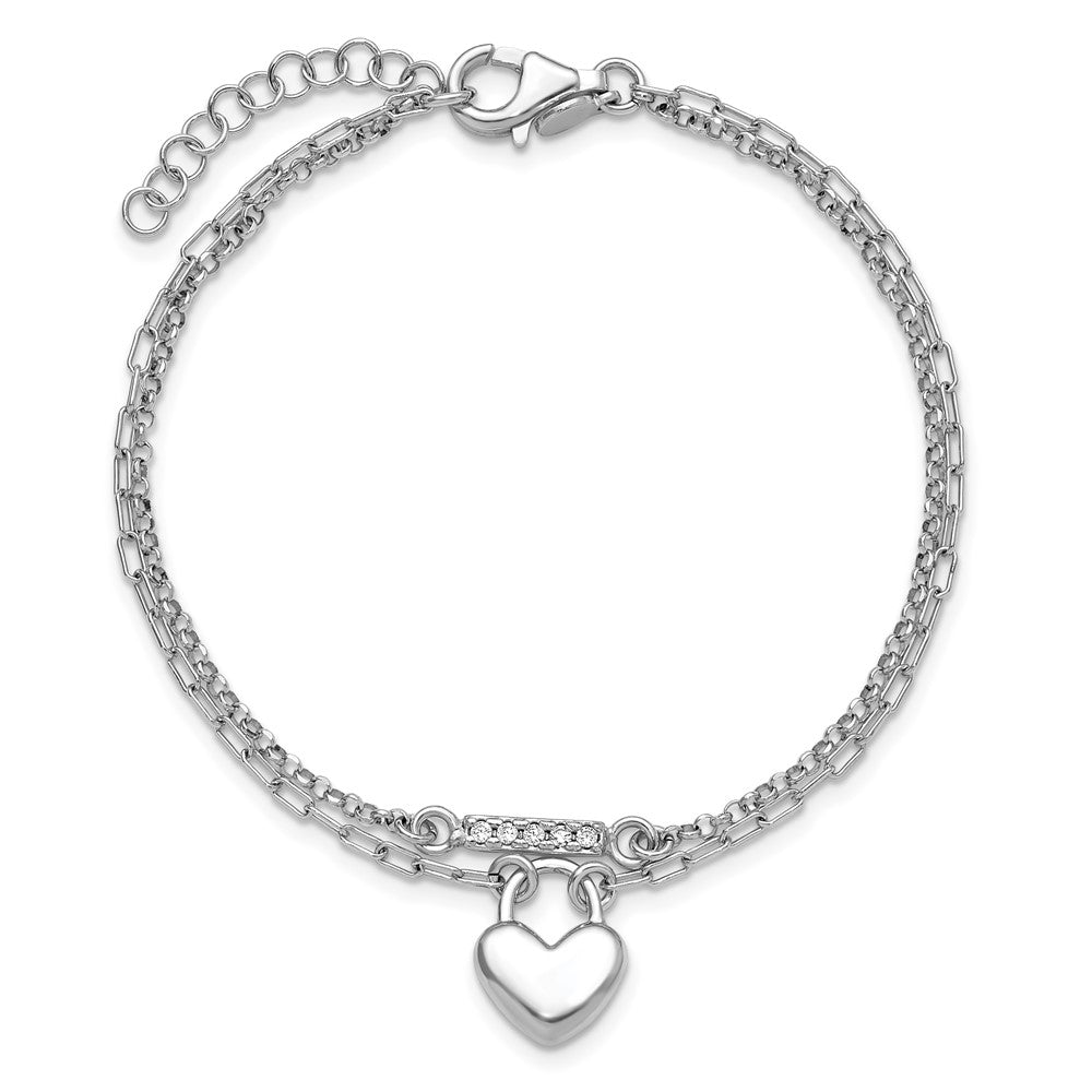 Sterling Silver Rhodium-plated CZ Puffed Heart 7 inch with 1 inch extender 2-strand Bracelet 8 inches