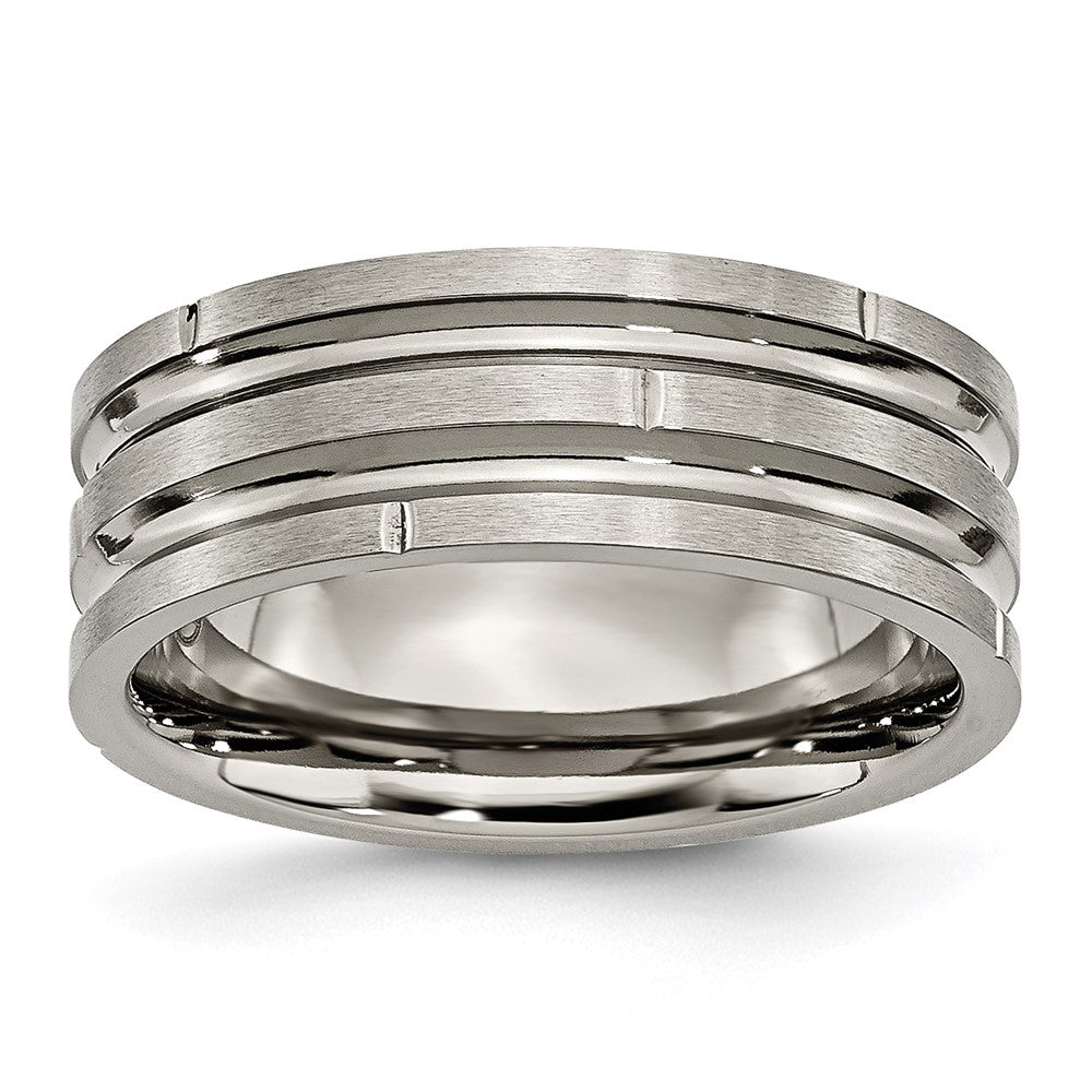 Titanium Polished/Satin 8mm Grooved & Notched Band Size - 7