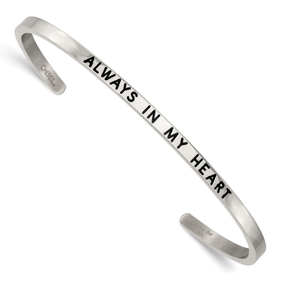 Stainless Steel Polished Enamel/Crystal ALWAYS IN MY HEART 3mm Bangle 7 inches