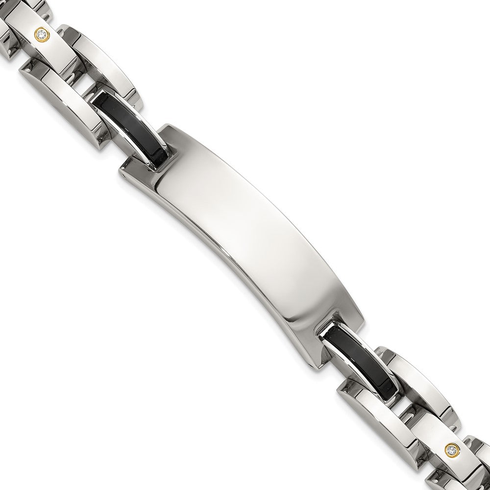 Chisel Stainless Steel Polished with 14K Gold Accent and 1/15ct. Diamond and Onyx 8.75 inch ID Bracelet 8.75 inches
