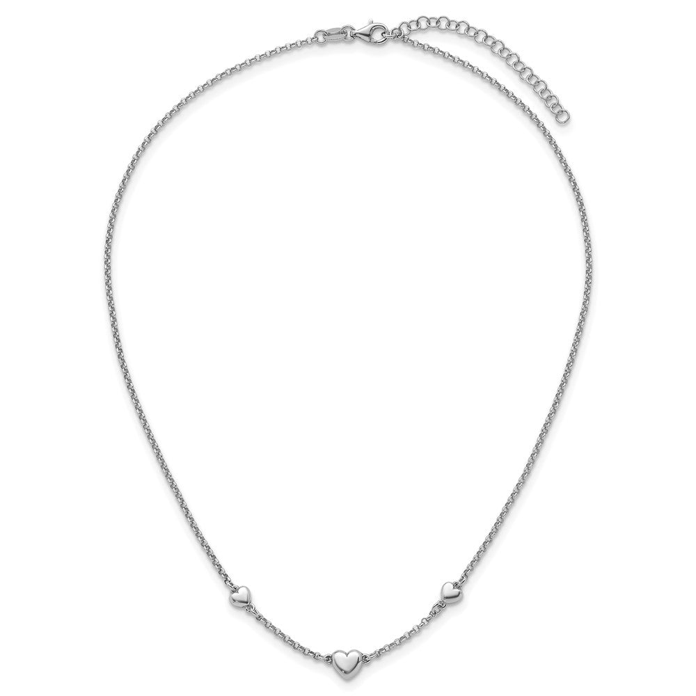 Sterling Silver Rhodium-plated Polished Three Puffed Hearts 16 inch with 2 inch Extender Necklace 16 Inches