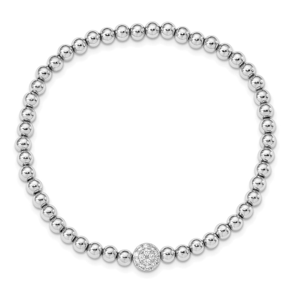 Sterling Silver Rhodium-plated Polished Beaded CZ Stretch Bracelet 7 inches