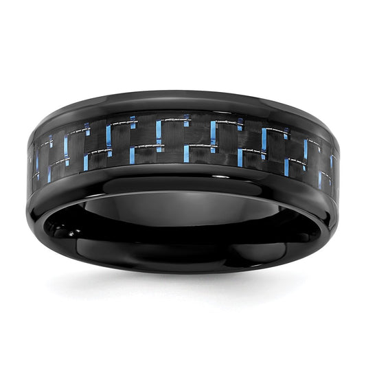 Black Titanium Polished with Black & Blue Carbon Fiber Inlay 8mm Band Size - 7