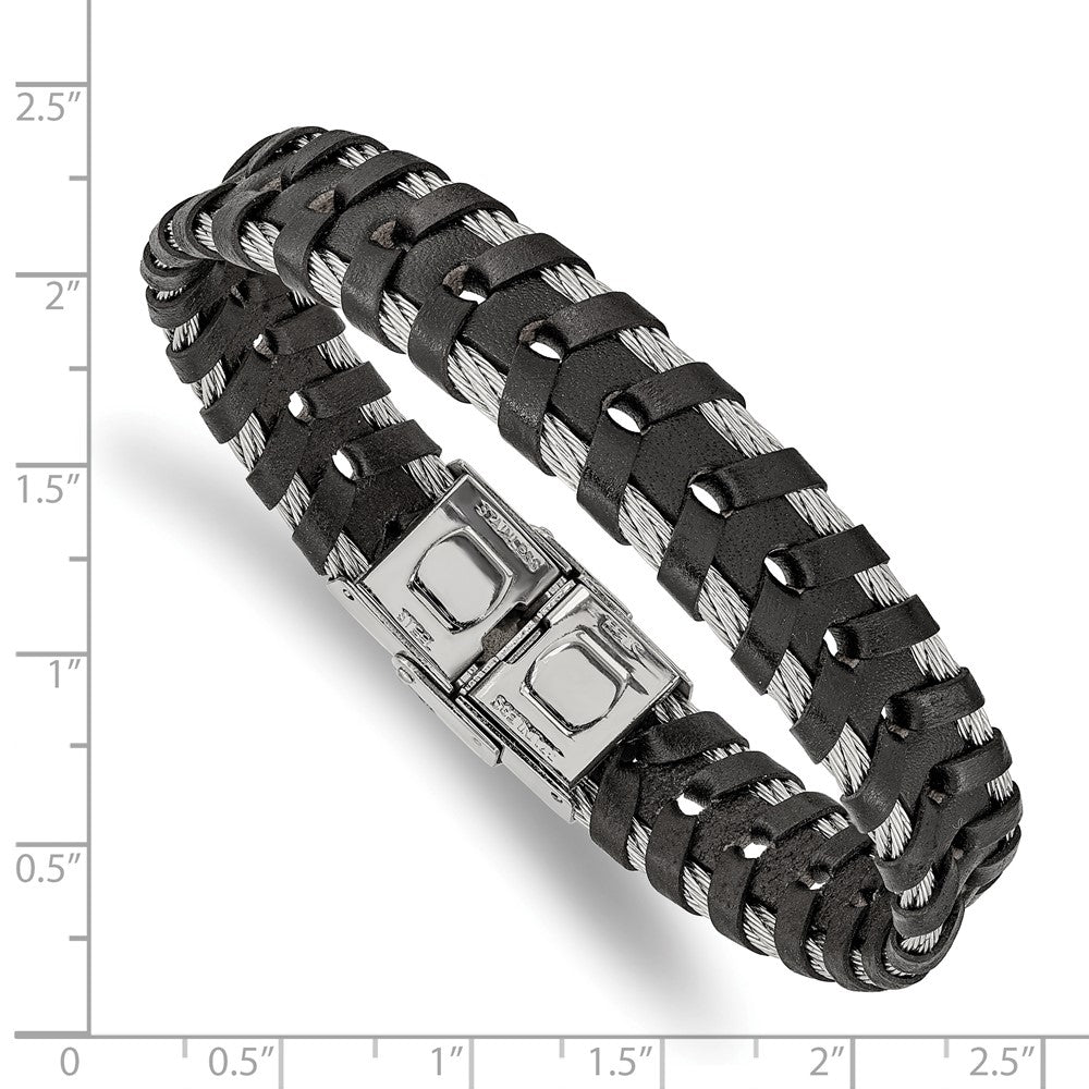 Stainless Steel Polished Cable and Braided Black Leather 8.25in Bracelet 8.25 inches