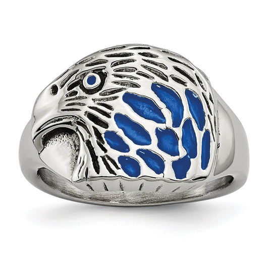 Stainless Steel Polished and Textured Blue Enamel Eagle Ring Size - 10