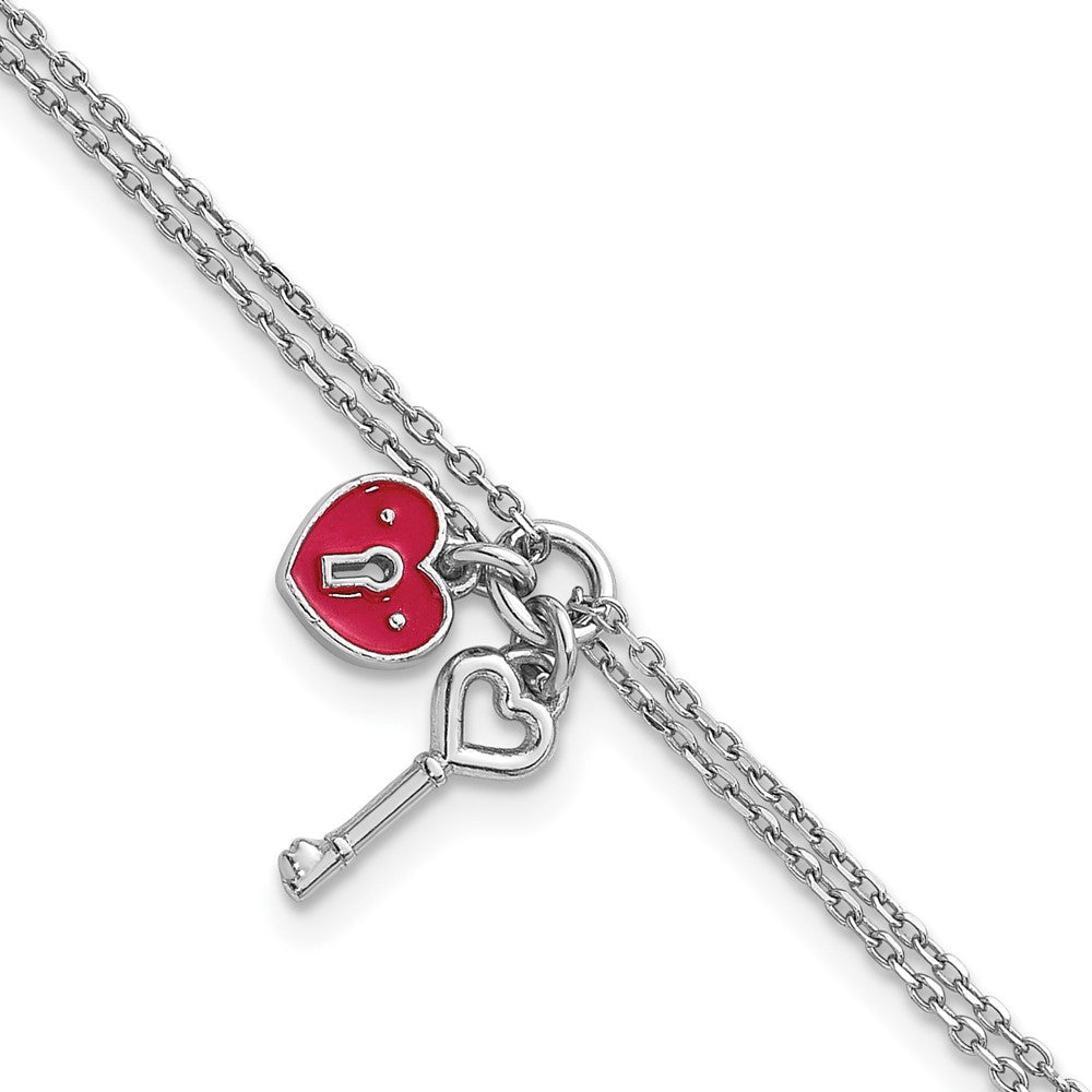 Sterling Silver Rh-plat 2 Strand Enamel Heart Lock Key w/.75in ext Bracelet 7.5 inches