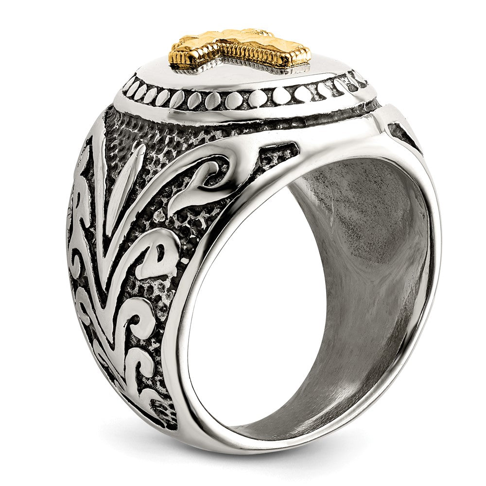 Stainless Steel w/14k Accent Antiqued and Polished Cross Ring Size - 10
