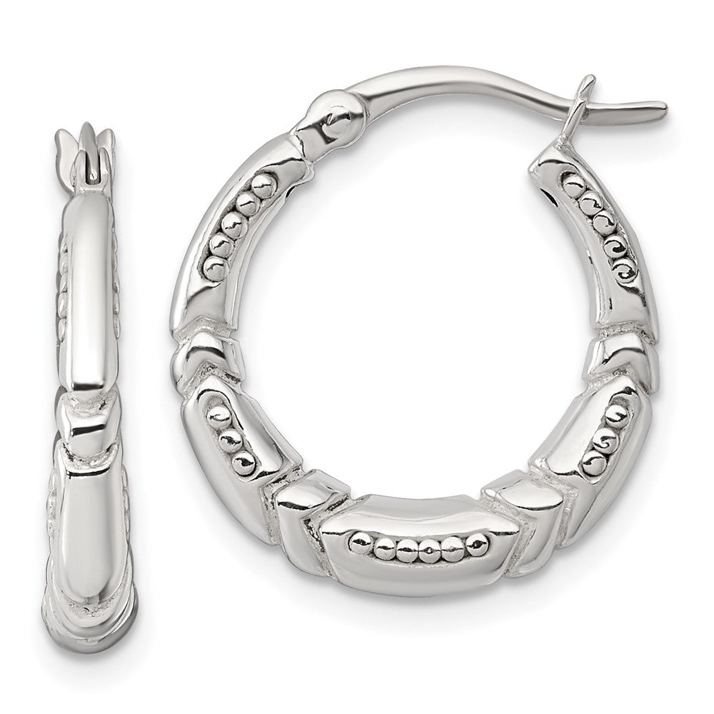 Sterling Silver Polished Beaded and Grooved Round Hollow Hoop Earrings