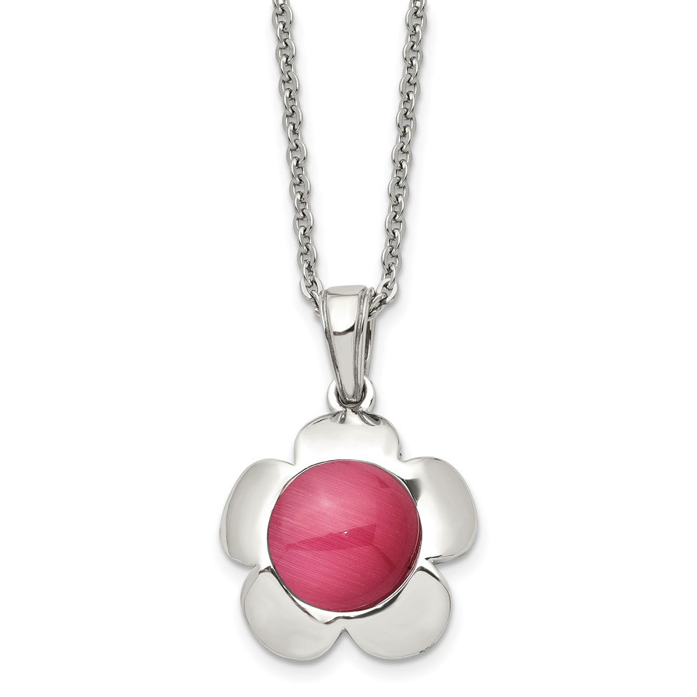 Stainless Steel Polished Flower with Pink Cat's Eye 18in Necklace