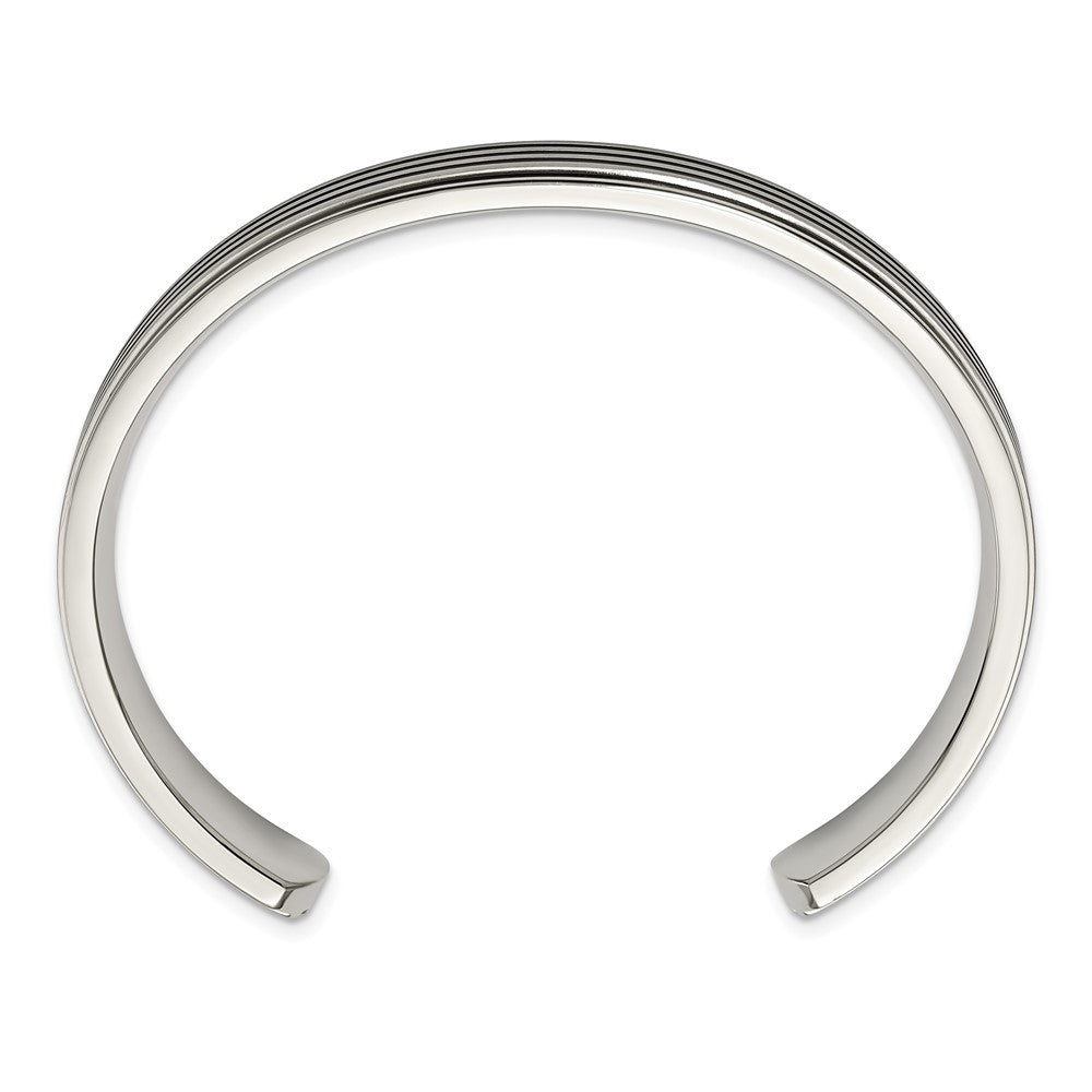 Stainless Steel Brushed and Polished Black Rubber Inlay Cuff Bangle 7.25 inches